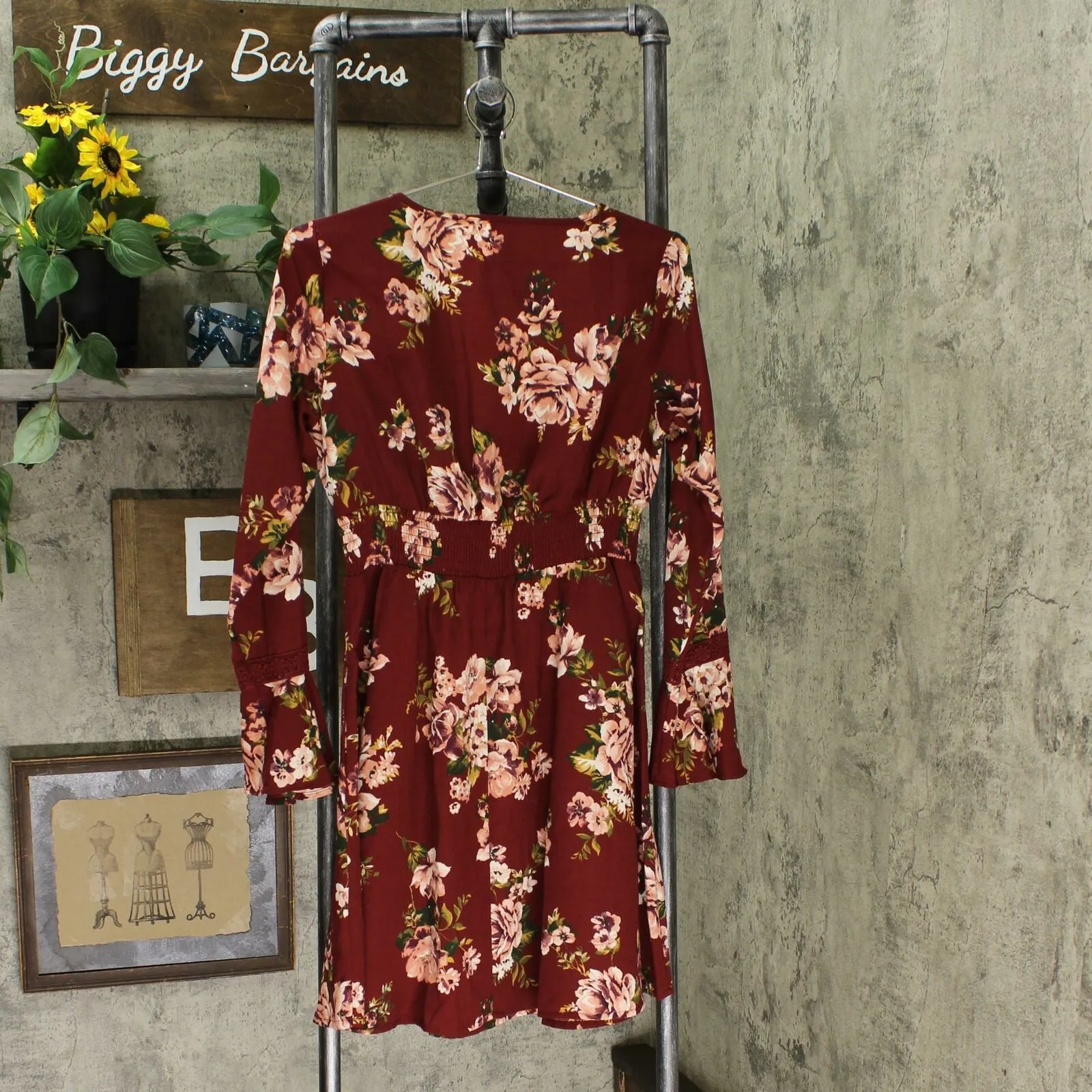 Xhilaration Floral Print Deep V-Neck Long Bell Sleeve Lace Trim Mini Dress