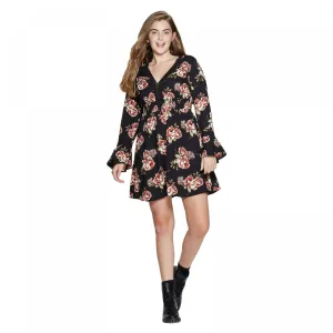Xhilaration Floral Print Deep V-Neck Long Bell Sleeve Lace Trim Mini Dress