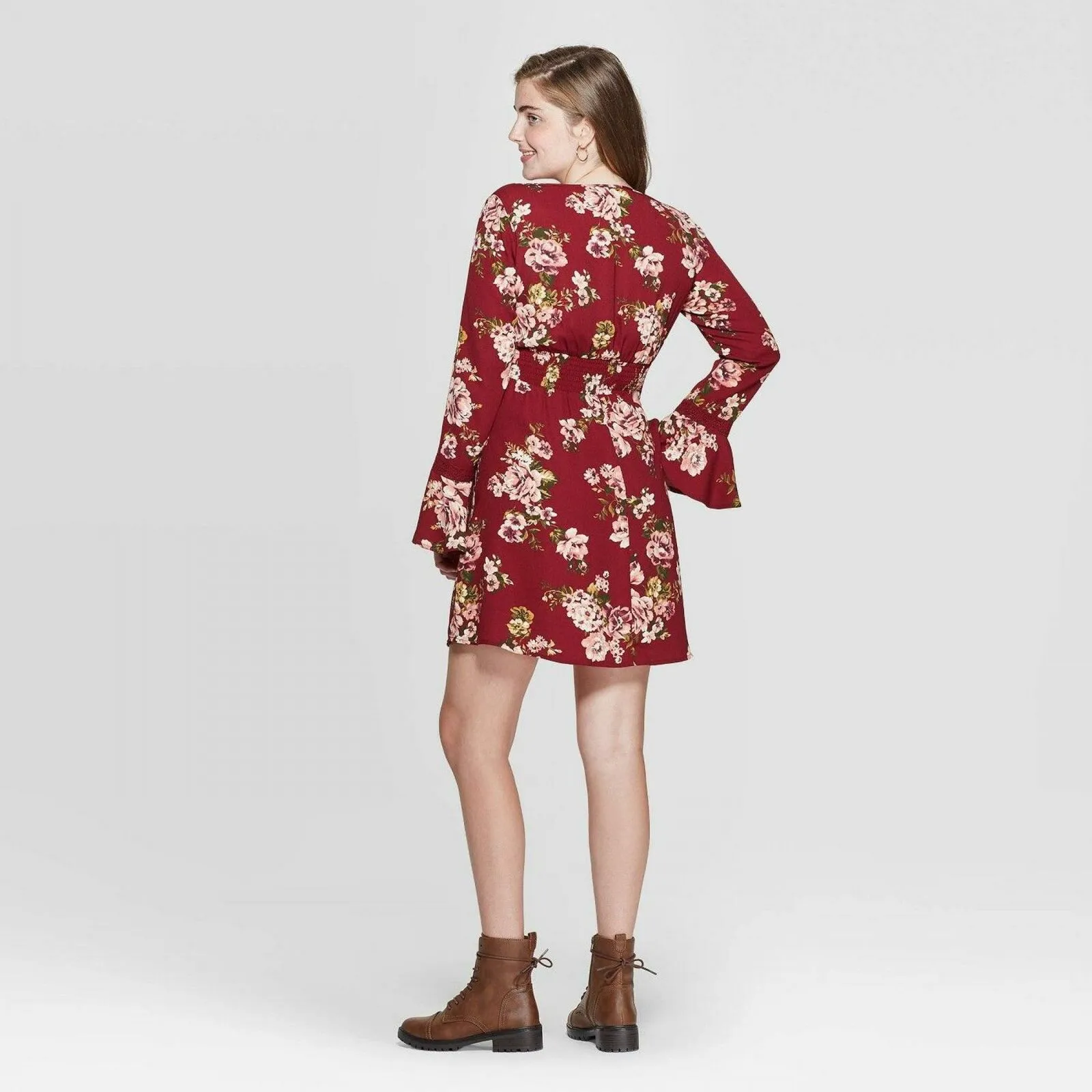 Xhilaration Floral Print Deep V-Neck Long Bell Sleeve Lace Trim Mini Dress