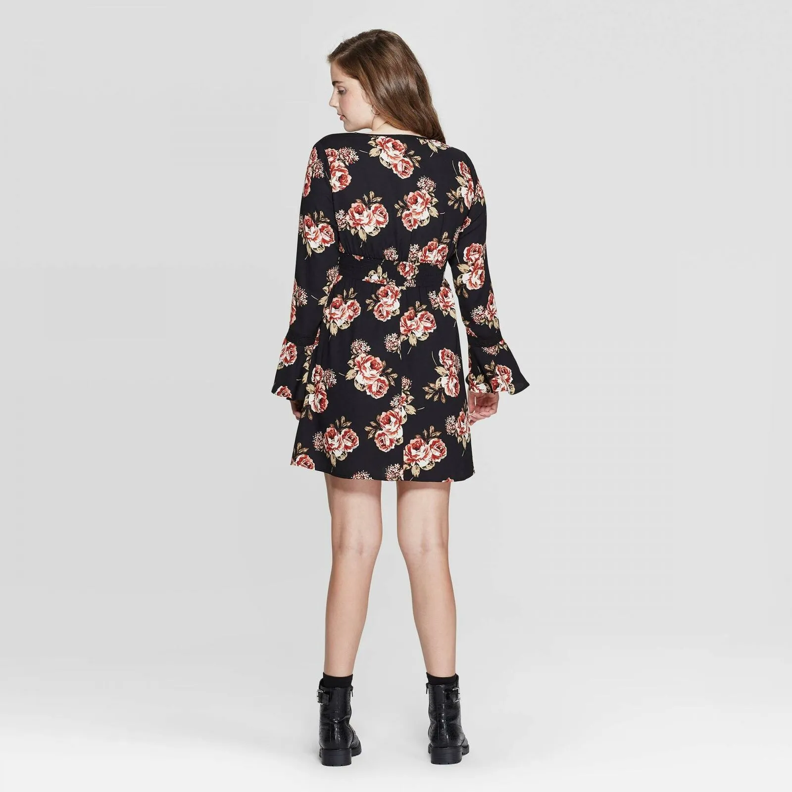 Xhilaration Floral Print Deep V-Neck Long Bell Sleeve Lace Trim Mini Dress