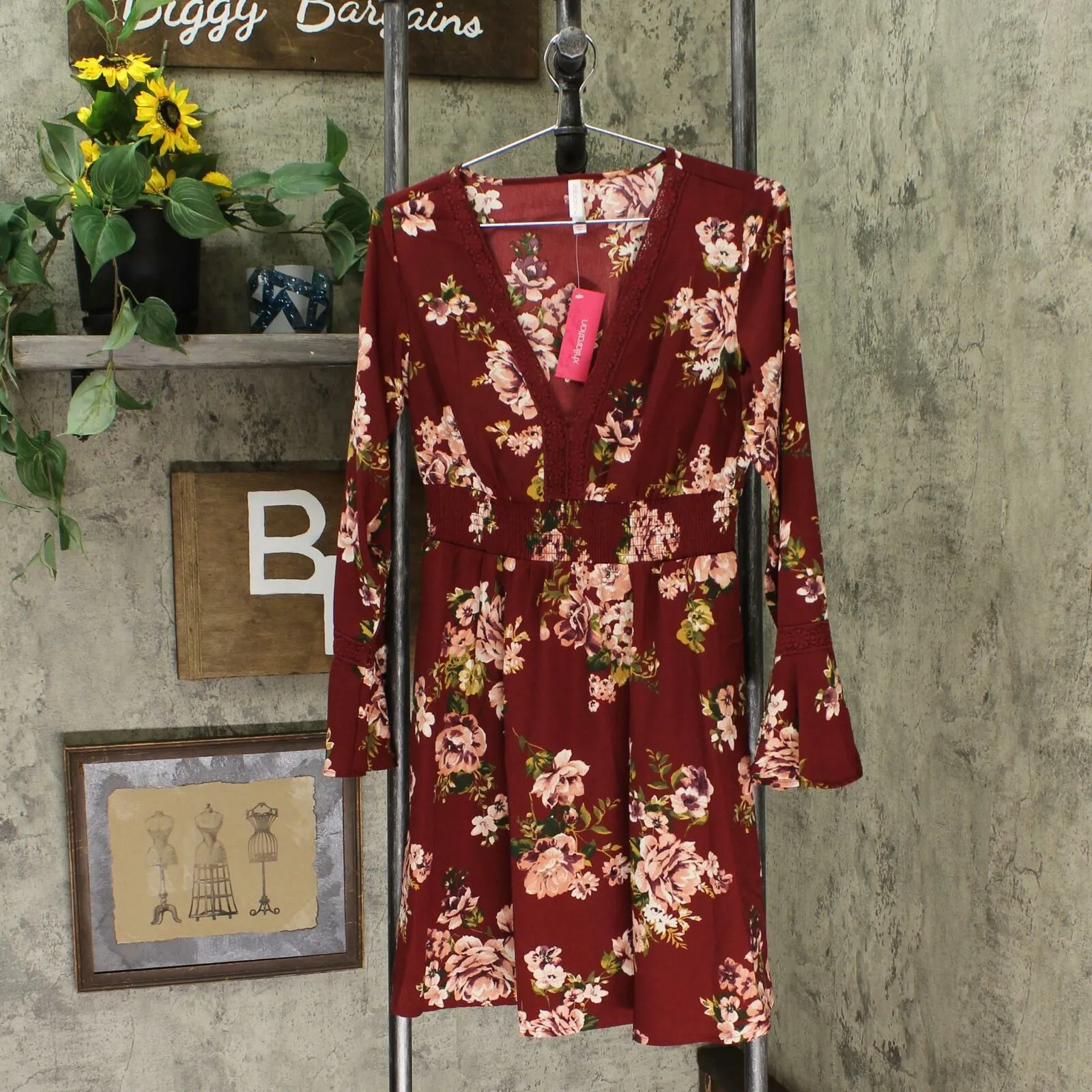 Xhilaration Floral Print Deep V-Neck Long Bell Sleeve Lace Trim Mini Dress