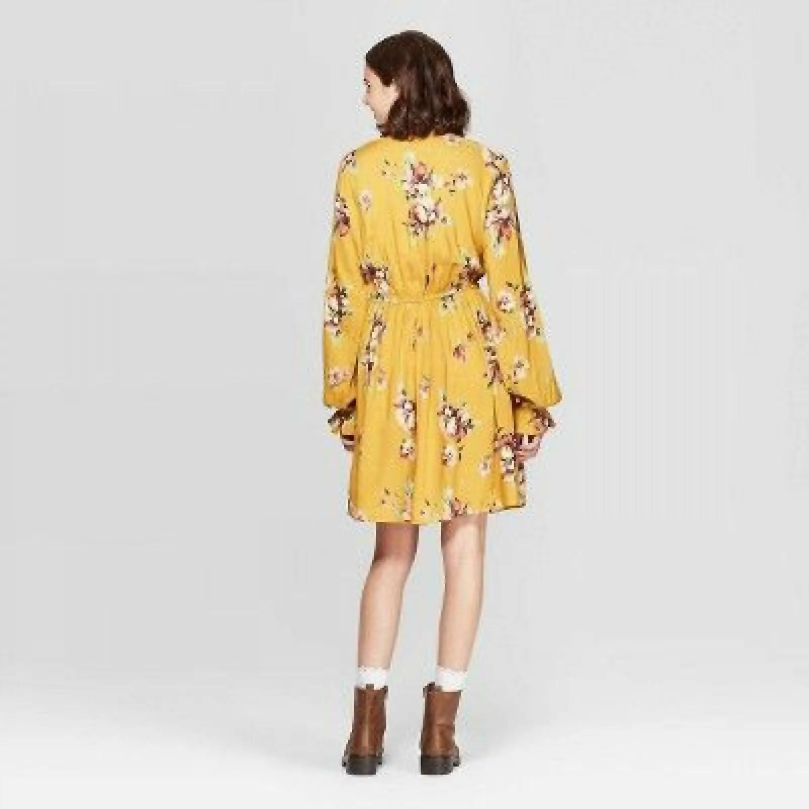 Xhilaration Floral Print Long Sleeve Deep V-Neck Waist Tie Mini Dress