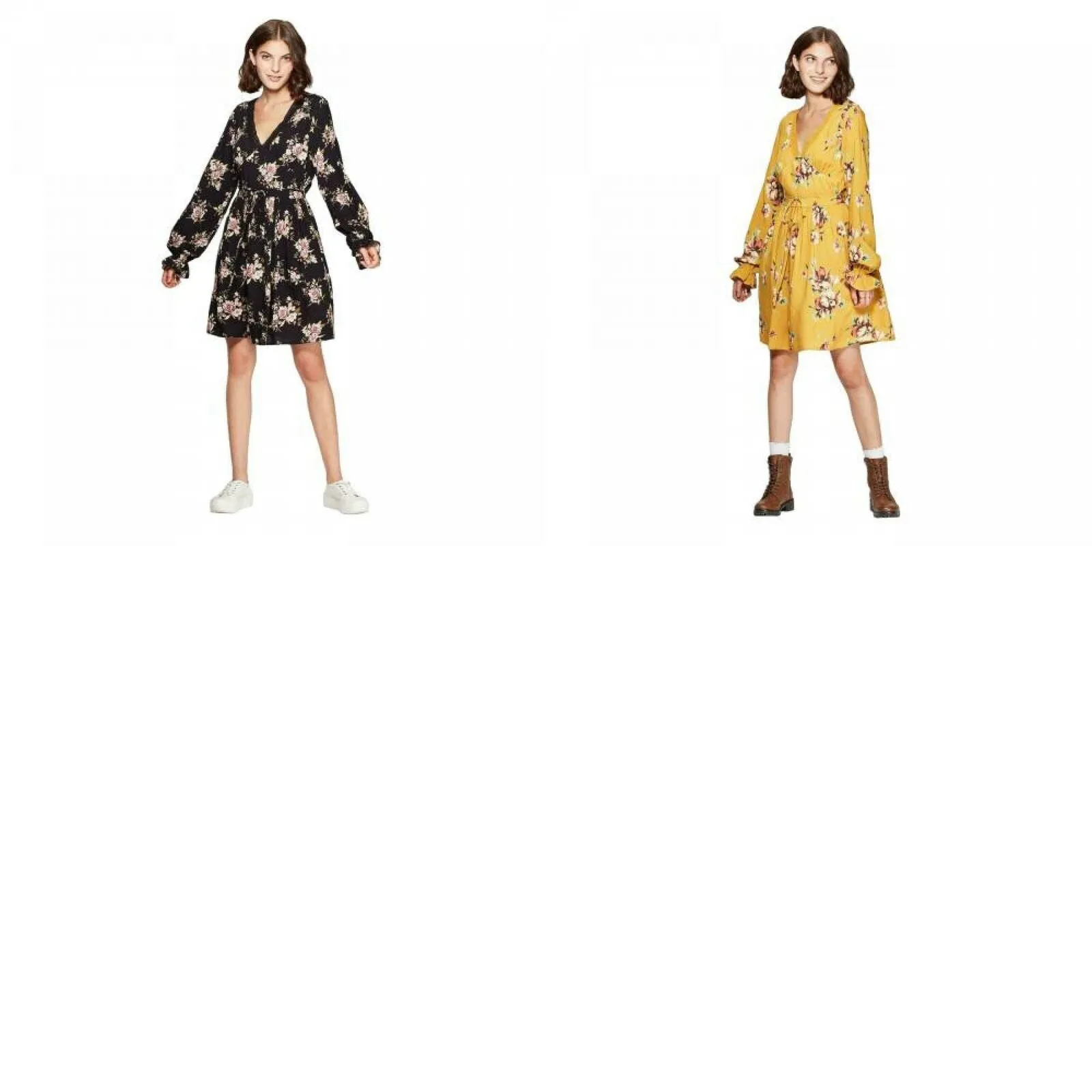 Xhilaration Floral Print Long Sleeve Deep V-Neck Waist Tie Mini Dress