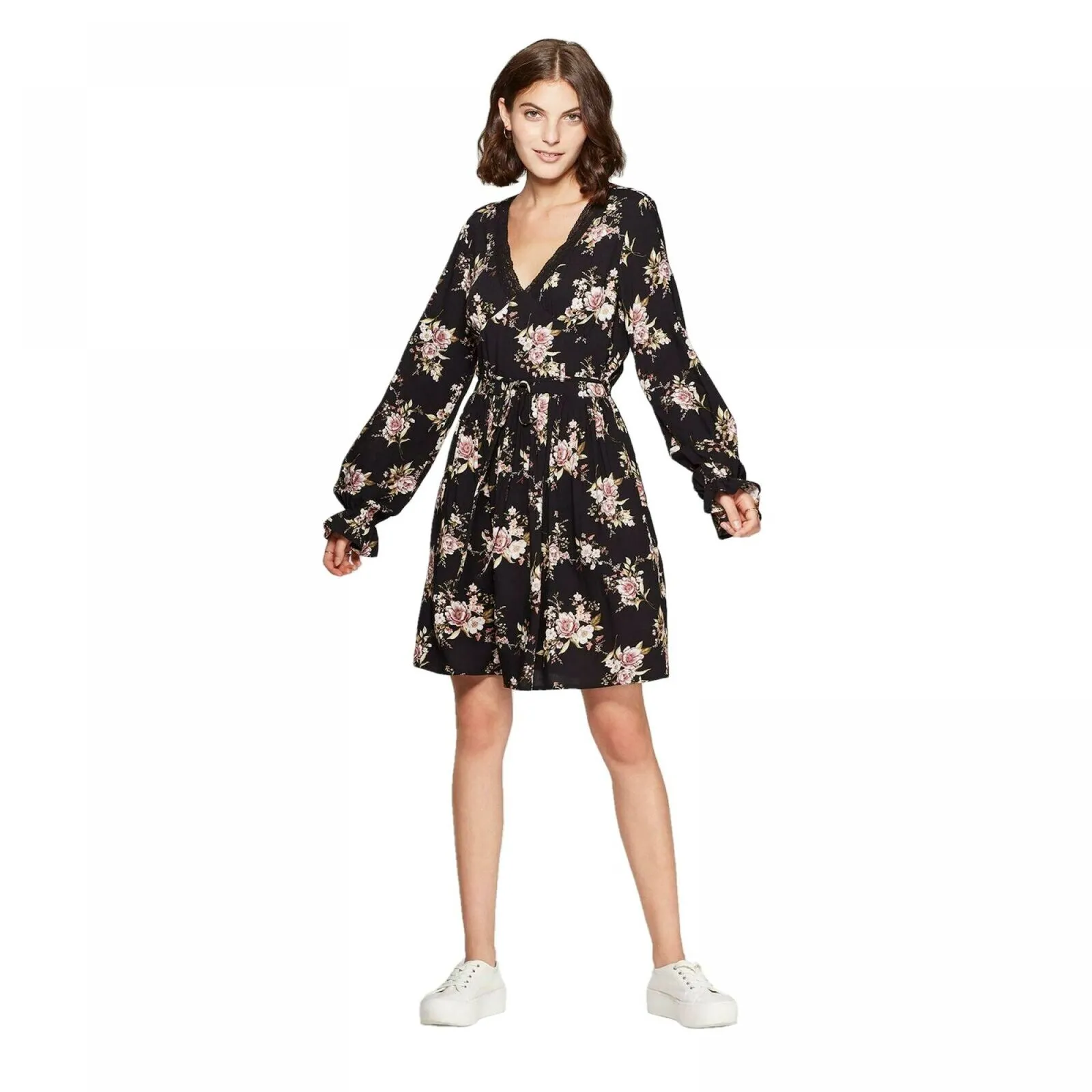 Xhilaration Floral Print Long Sleeve Deep V-Neck Waist Tie Mini Dress