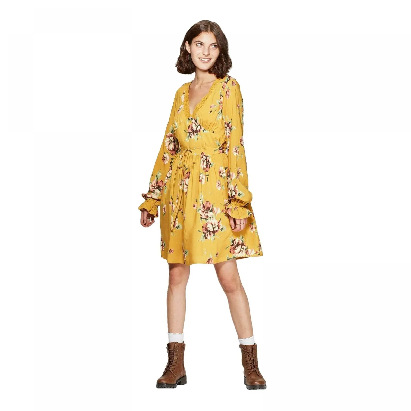 Xhilaration Floral Print Long Sleeve Deep V-Neck Waist Tie Mini Dress