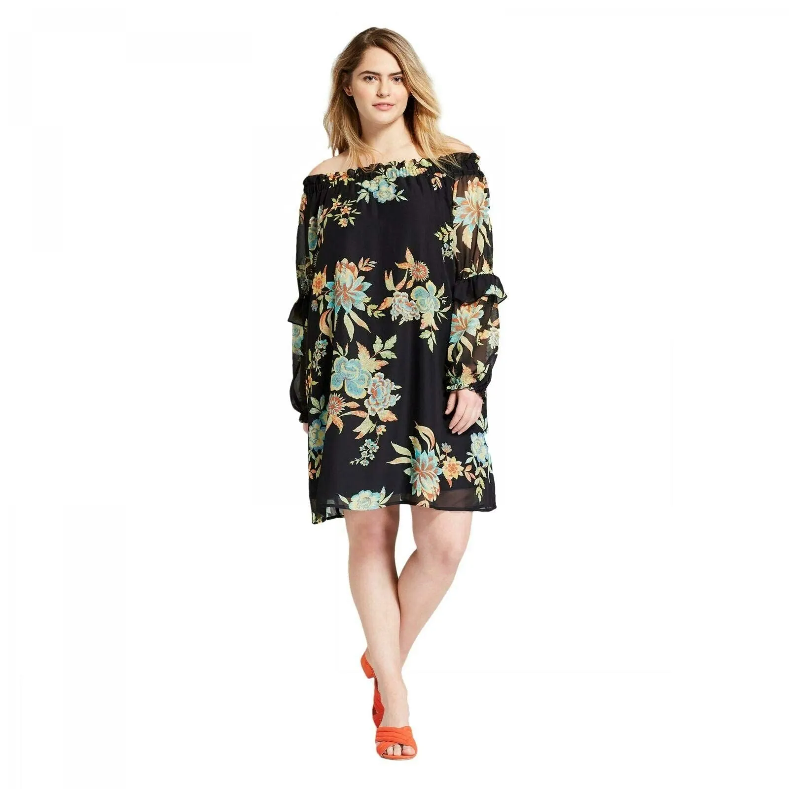 Xhilaration Women's Plus Size Floral Off The Shoulder Ruffle Sleeve Dress