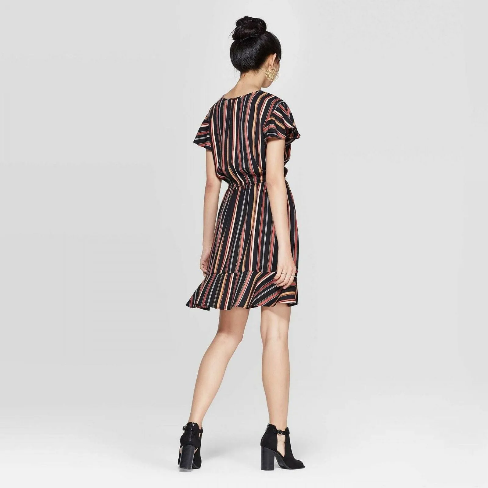 Xhilaration Women's Striped Short Sleeve Deep V-Neck Wrap Mini Dress