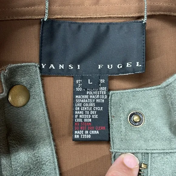 Yansi Fugel reversible faux suede jacket in moss or brown colors, size L