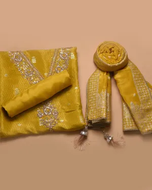 Yellow Silk Viscose Blend Woven With Embroidery Unstitched Suit Fabric Set With Silk Viscose Woven Dupatta