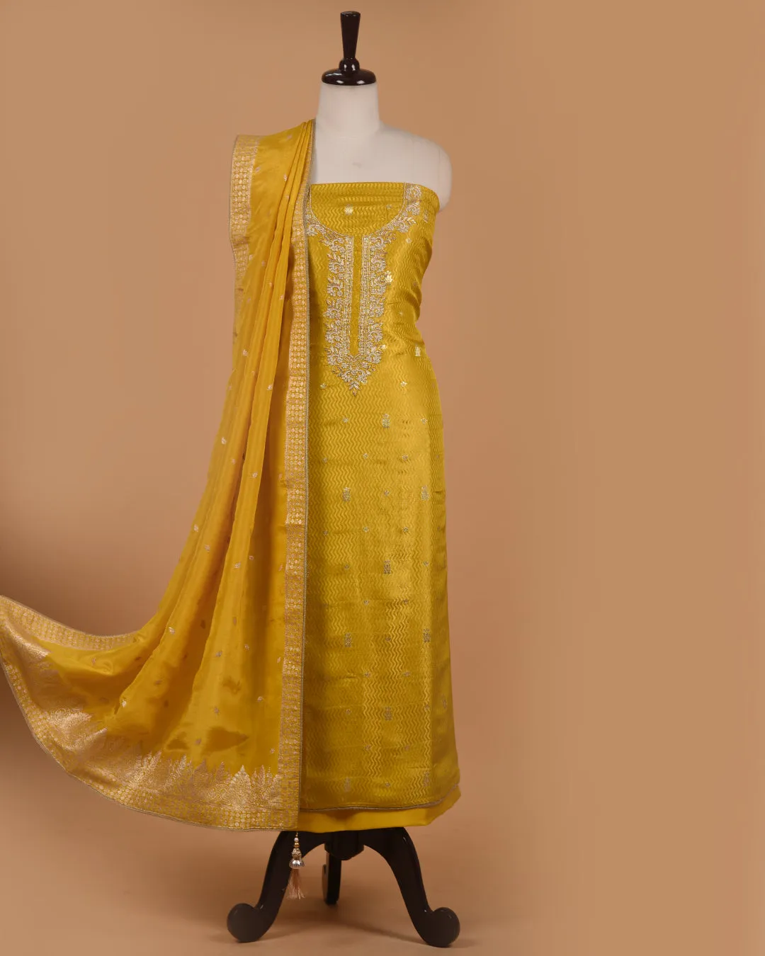Yellow Silk Viscose Blend Woven With Embroidery Unstitched Suit Fabric Set With Silk Viscose Woven Dupatta