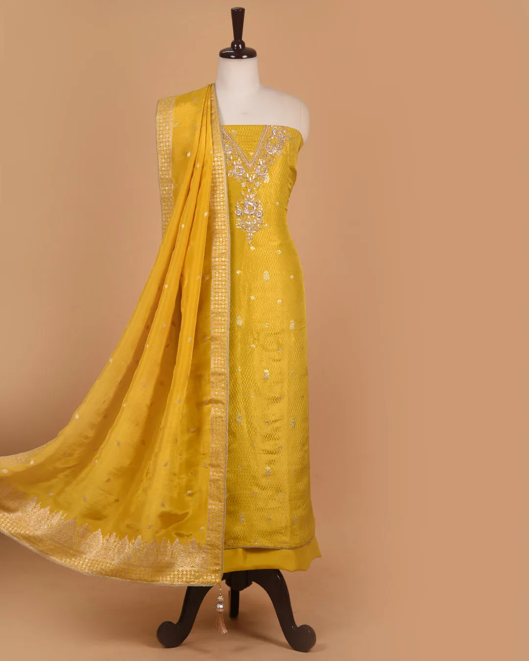 Yellow Silk Viscose Blend Woven With Embroidery Unstitched Suit Fabric Set With Silk Viscose Woven Dupatta