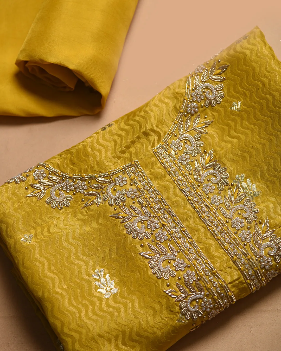 Yellow Silk Viscose Blend Woven With Embroidery Unstitched Suit Fabric Set With Silk Viscose Woven Dupatta