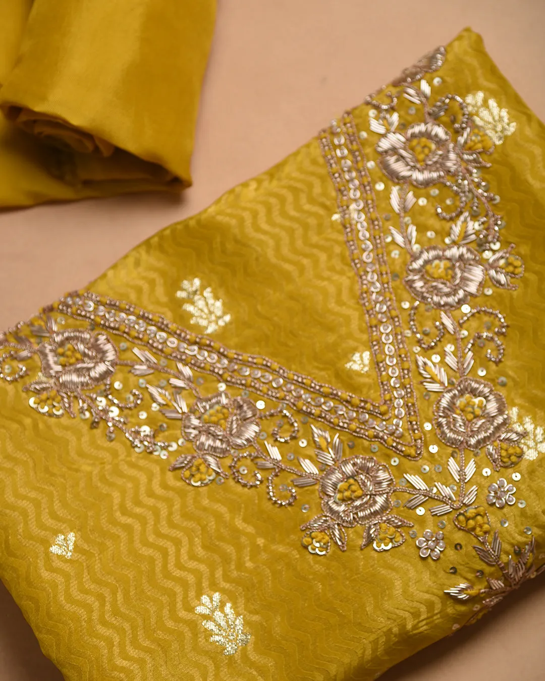 Yellow Silk Viscose Blend Woven With Embroidery Unstitched Suit Fabric Set With Silk Viscose Woven Dupatta
